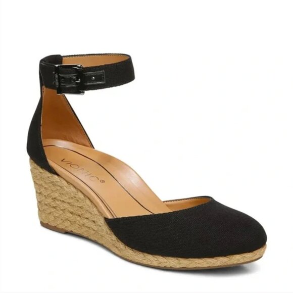Vionic Amy Canvas Black Espadrille Wedge Heels Sandals Size 9.5 Comfortable - Picture 1 of 9